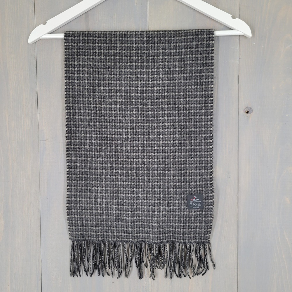 V. Fraas 100% Cashmere Scarf Unisex Grey Houndstooth Fringe Winter Scarf